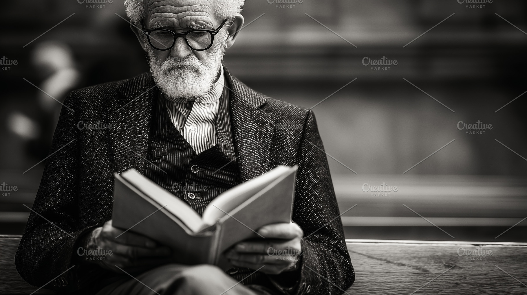 Elegant senior man sits on a bench, a Photo by MistyDay