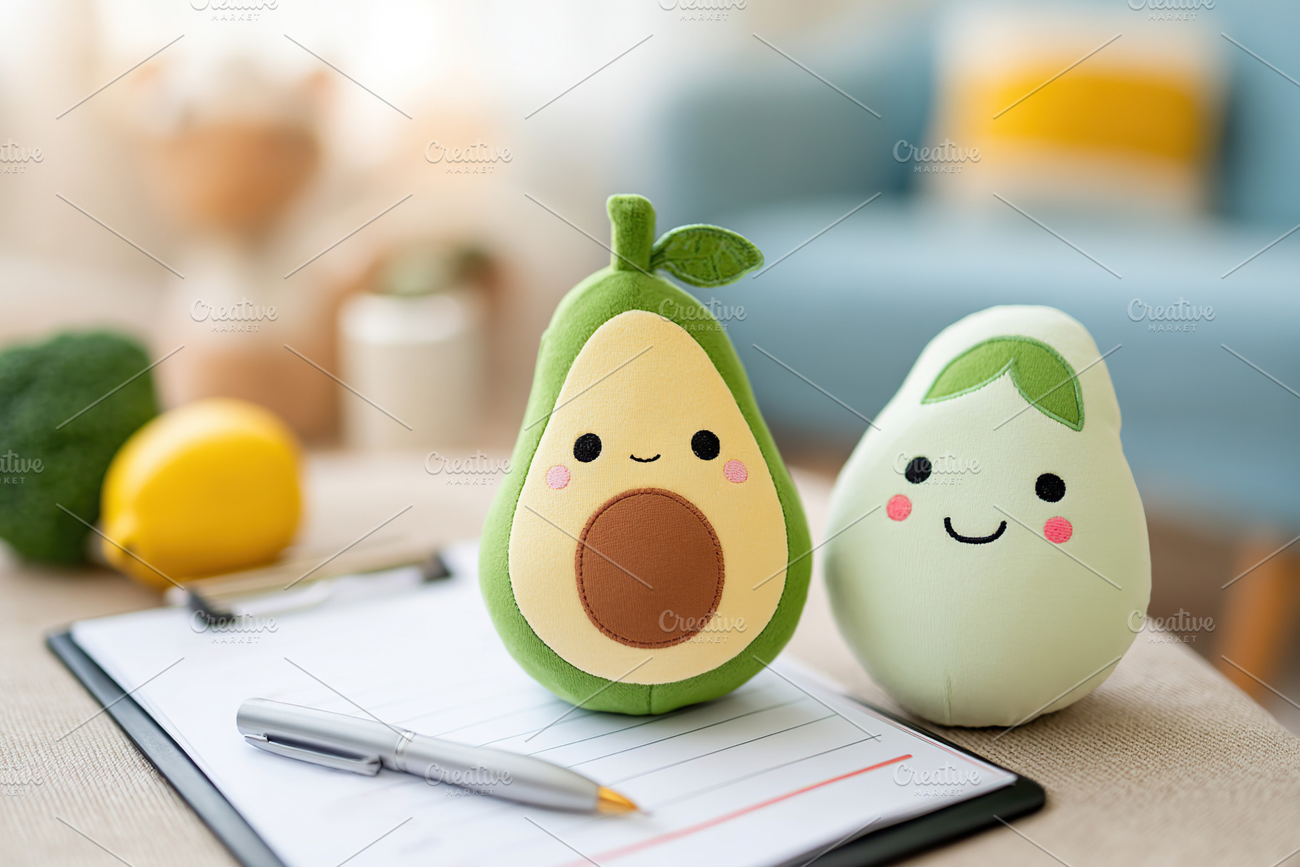 Cute plush avocados sitting on a clipboard in a cozy room with a bright atmosph, a Photo by AlyaAnd
