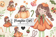 Pumpkin Girl Watercolor Clipart, an Illustration by GauSilvaStudio (Thumbnail 1 of 5)