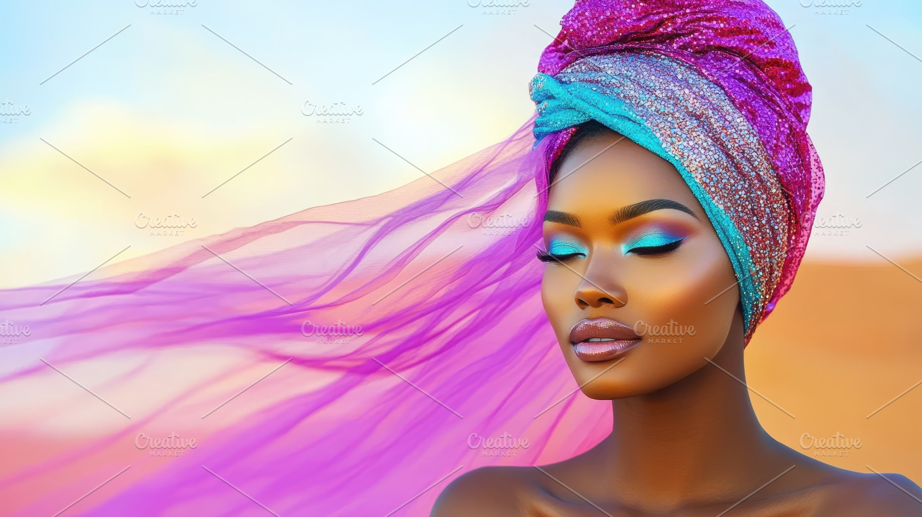 An elegant African woman with vibrant makeup and a glittering turban poses in a, a Person Photo by Mashimara