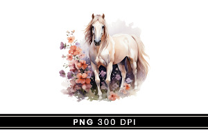 Watercolor Flower Horses Clipart