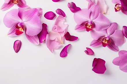 Beautiful orchid petals on a colorful background. Spring concept. Generative AI, a Photo by José Manuel Gelpi
