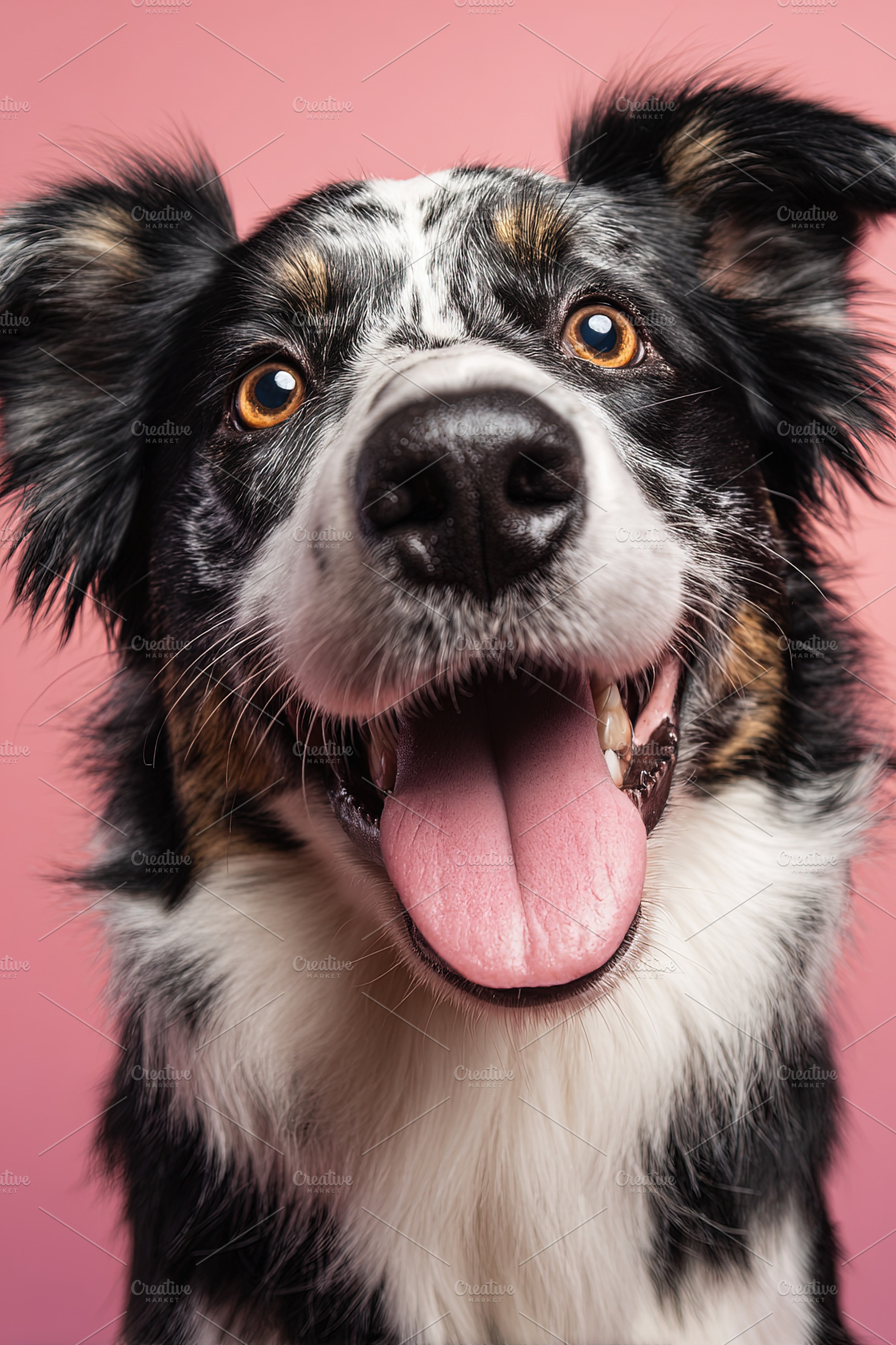 Close-up of a cheerful Border Collie with tongue out, against a, an Animal Photo by Ales Munt