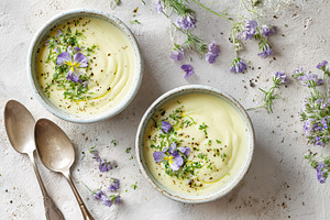 Creamy vegan vegetable soup with edible flowers and fresh herbs,, a Photo by Studio ANNA