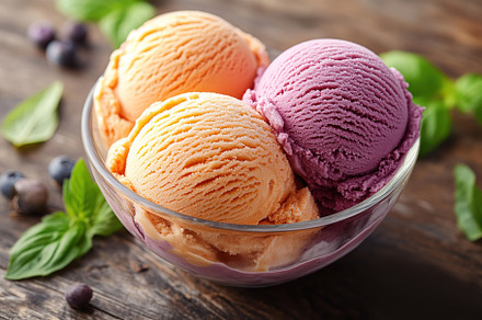 Vibrant scoops of colorful ice cream are served in a bowl, garni, a Food & Drink Photo by AlyaAnd