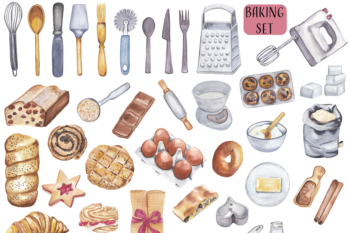 Kitchen utensils & food watercolor, a Decorative Illustration by Visual Animal (Photo 1 of 4)