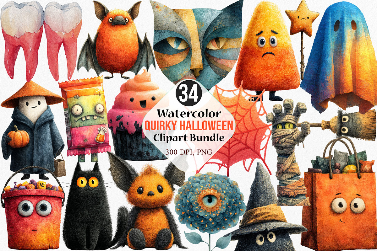 Watercolor Quirky Halloween Clipart, an Illustration by Canvas Craft (Photo 1 of 6)
