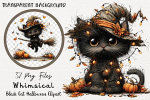Whimsical Black Cat Halloween PNG