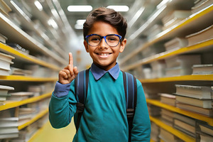 Cheerful boy with glasses reading book in library