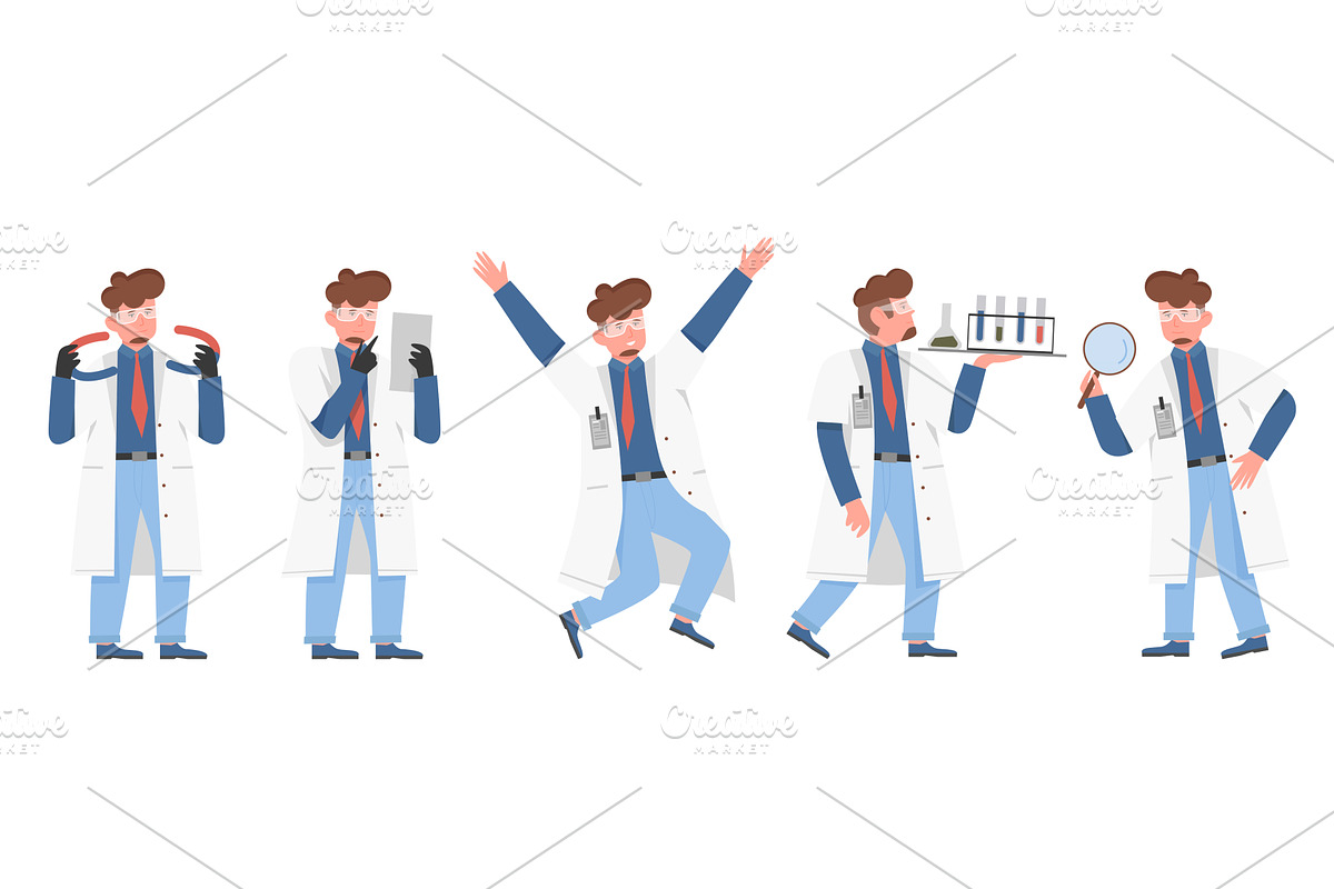 Male Scientist Character Poses, an Illustration by Flashvector