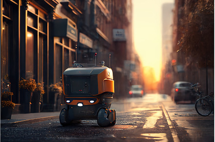 Self driving devivery robot on city, a Transportation Photo by Sergey Mironov's store