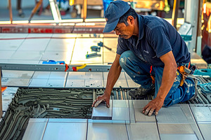 Tile mason starting laying the first tiles with precision and te, a Person Photo by DanFLCreativo