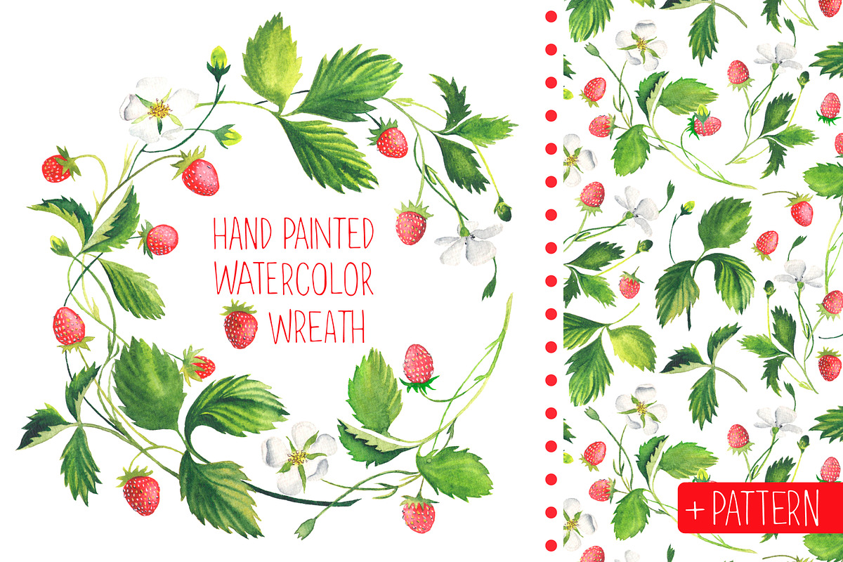 Strawberry wreath. Watercolor, an Illustration by Olga Bonitas (Photo 1 of 6)