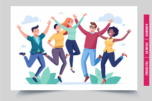 Four friends jump celebration, an Illustration by Tanuart
