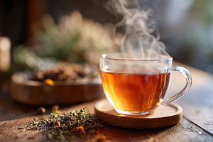 Steam rises from herbal tea in a transparent cup on a rustic wooden table durin, a Food & Drink Photo by AlyaAnd