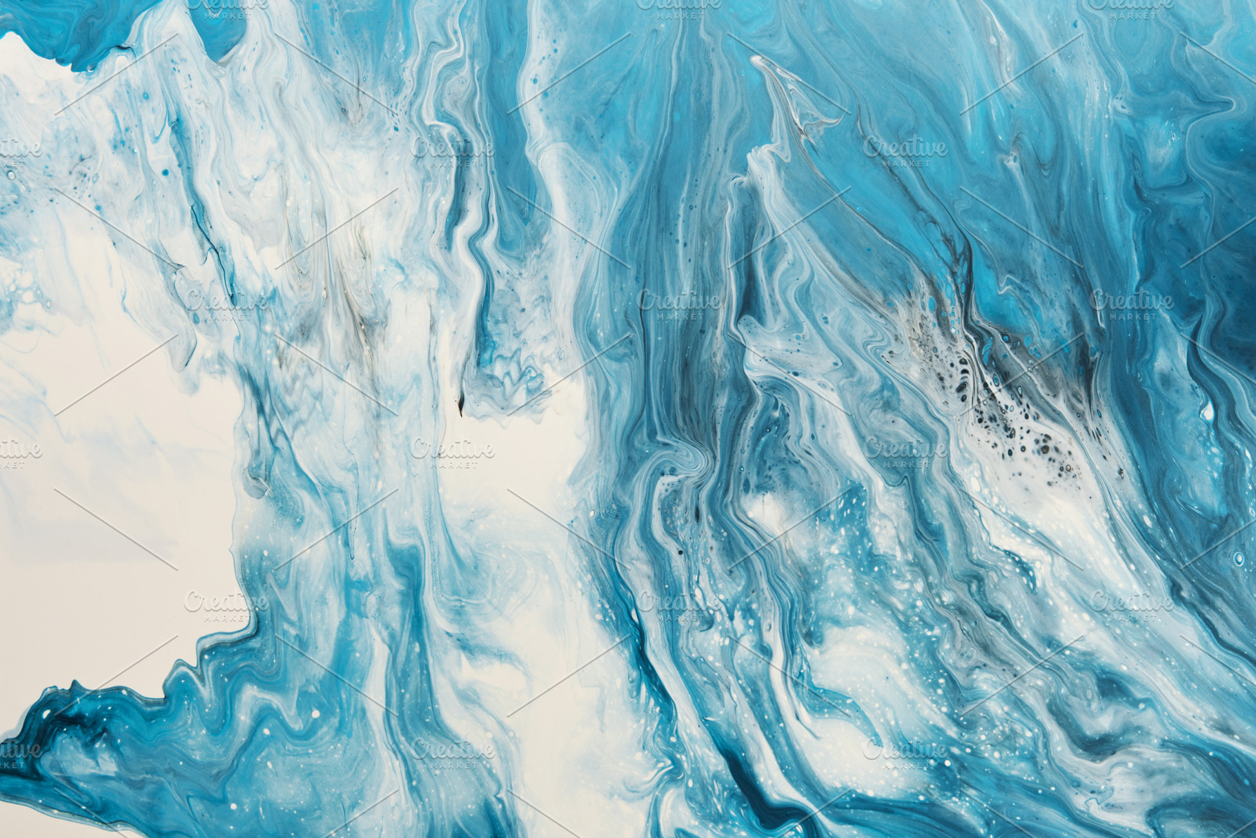 Fluid Art. Liquid white and blue abstract paint drips and wave. Marble effect b, an Abstract Photo by colnihko