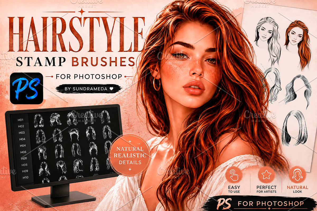 Photoshop Hairstyle Stamp Brushes, a Brush Add-On by sundrameda (Photo 1 of 6)