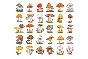 Mushrooms in colored linear detailed, a Food Illustration by Onyx