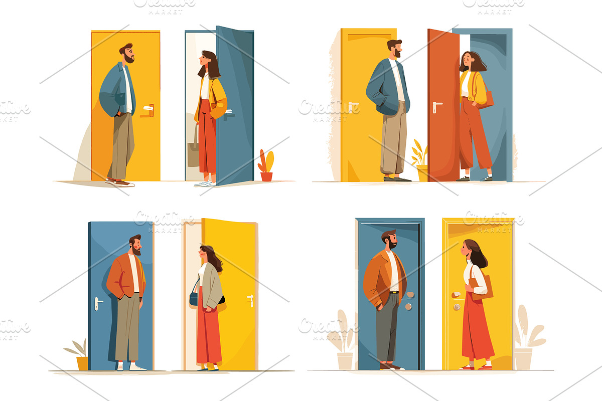 Neighbors meet at doors. Man and, a Person Illustration by Stock-Smart-Start