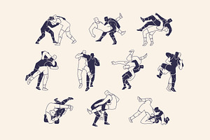 Wrestlers in fight, wrestling set