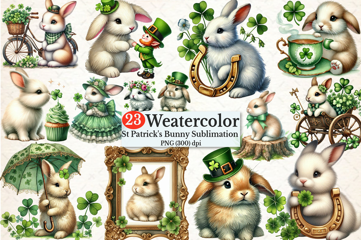 Vintage St Patrick's Day Bunnies, a Seasonal Illustration by Rose Art (Photo 1 of 4)