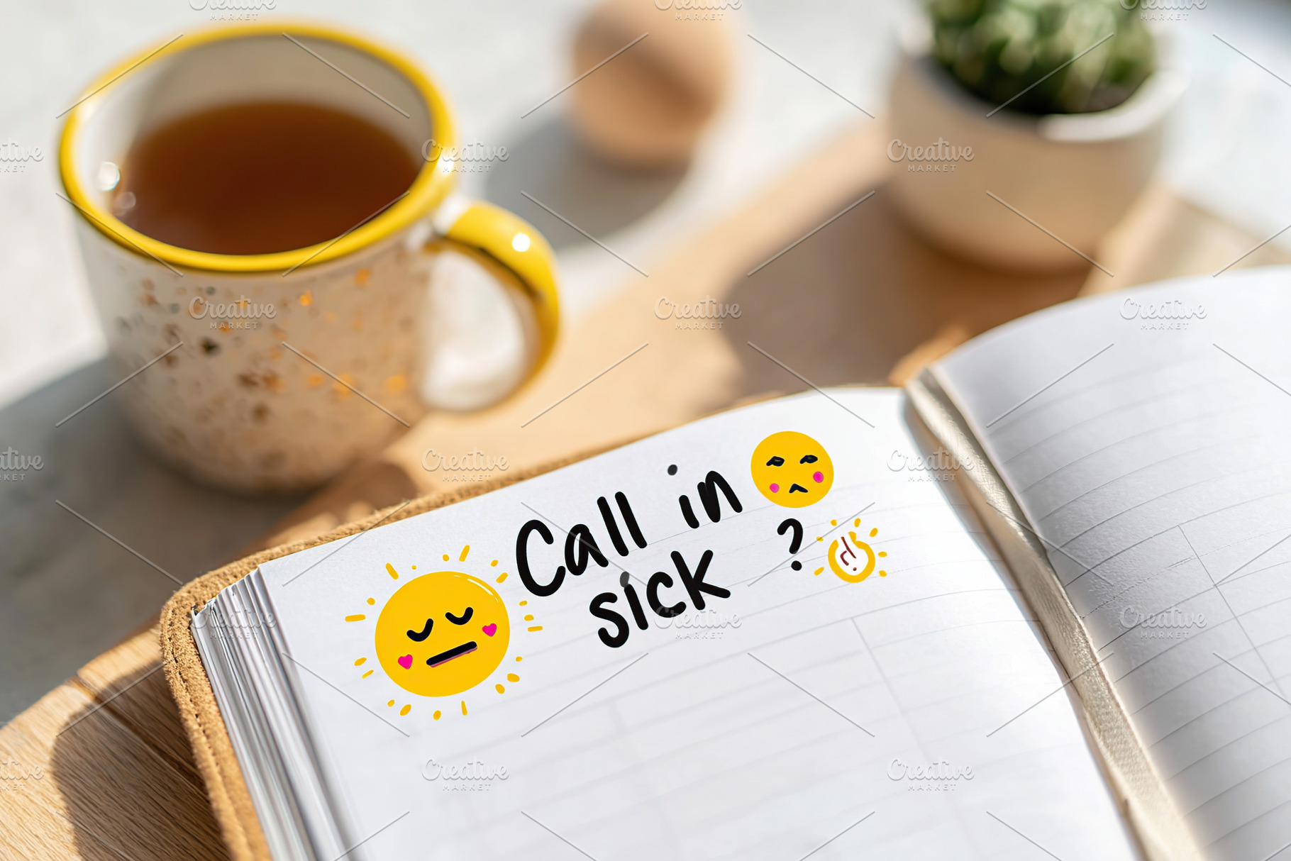 Planning a sick day with a cozy cup of tea and a notebook on a sunny morning, a Photo by AlyaAnd