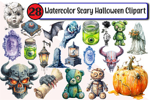 Watercolor Scary Halloween Clipart, an Illustration by Design Market