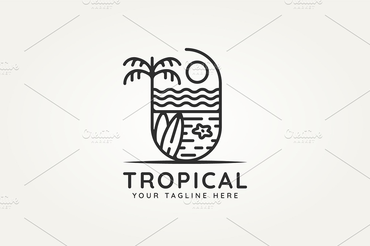 tropical beach island line art logo