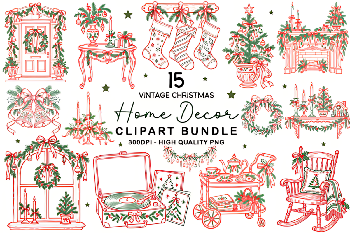 Vintage Christmas Home Decor Clipart, a Seasonal Illustration by HueNestify (Photo 1 of 3)