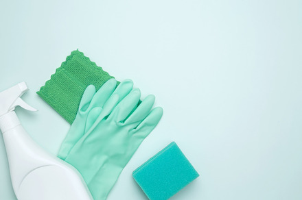 Concept of cleanliness and hygiene. Cleaning supplies and tools, including bott, a Photo by matucha