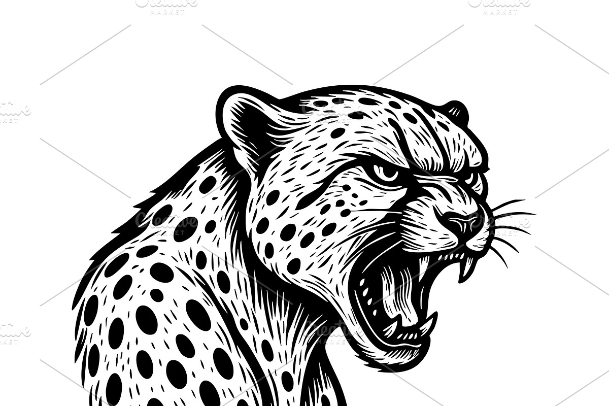 Ferocious roaring cheetah head., an Animal Illustration by yod67