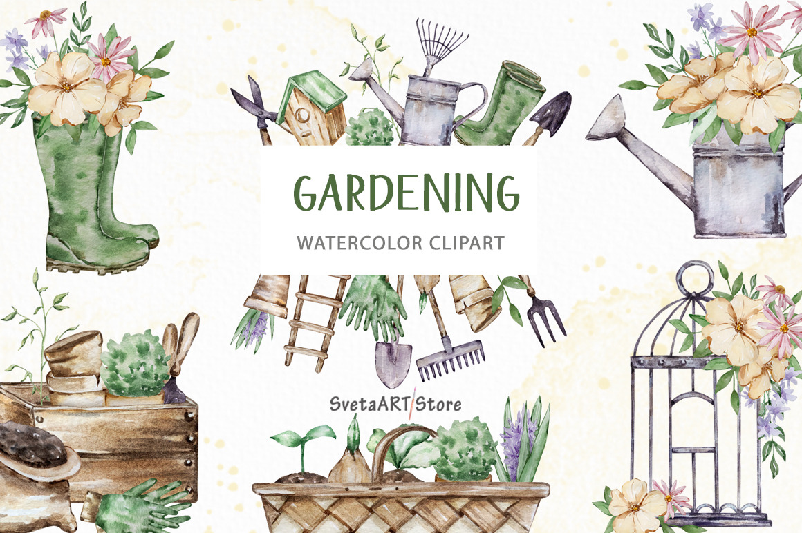 Watercolor Gardening Clipart, an Illustration by SvetaArtStore