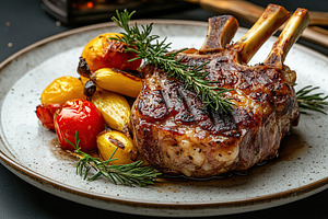 Luxurious dining experience featuring grilled chop with roasted vegetables, a Food & Drink Photo by AlyaAnd
