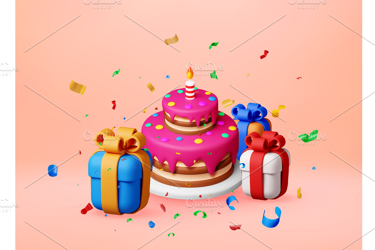 3d cake with candle and gift boxes, an Object Illustration by Abscent