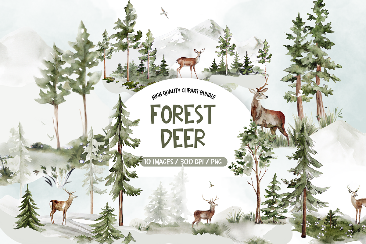 Forest Deer Watercolor Scenes, an Illustration by TatiMockup (Photo 1 of 4)