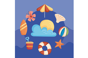 beach vacations set icons, an Illustration by studiogstock