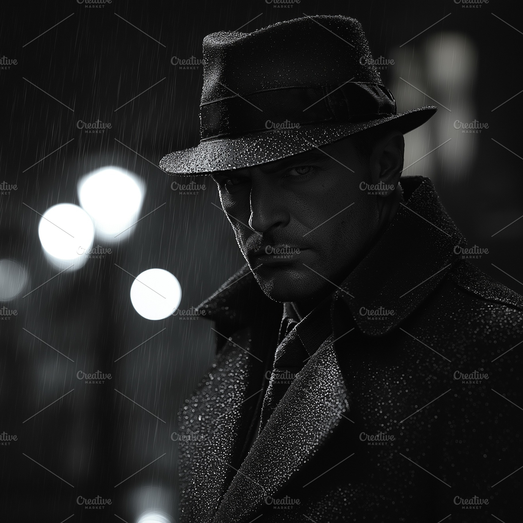 A serious man in a fedora stands in the rain, cloaked in shadows and mystery, e, a Person Photo by ImageMir
