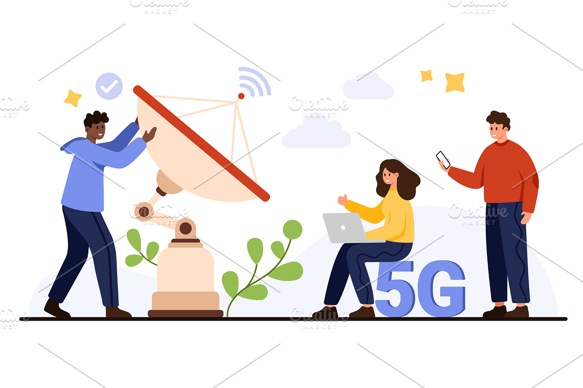People Using 5G Satellite Internet, a Technology Illustration by Flashvector