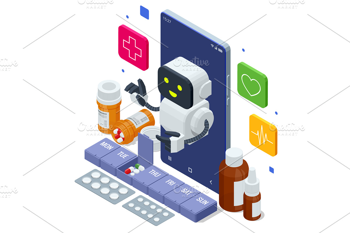 Isometric AI robot with medicine, an Education Illustration by Golden Sikorka