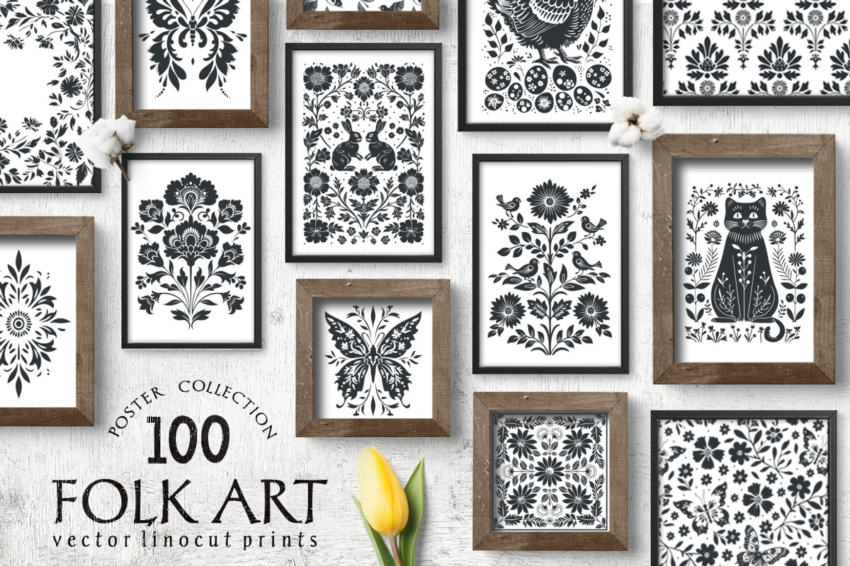 100 Folk Art vector linocut prints, an Object Graphic by DariSmartArt (Photo 1 of 16)