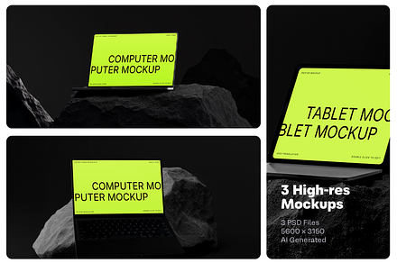 3 Computer Mockups on Dark Stone