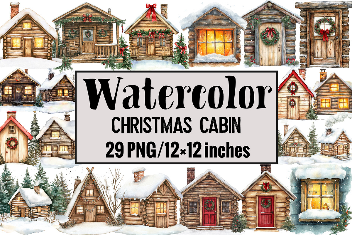 Watercolor Christmas Cabin, an Illustration by Design Market (Photo 1 of 3)