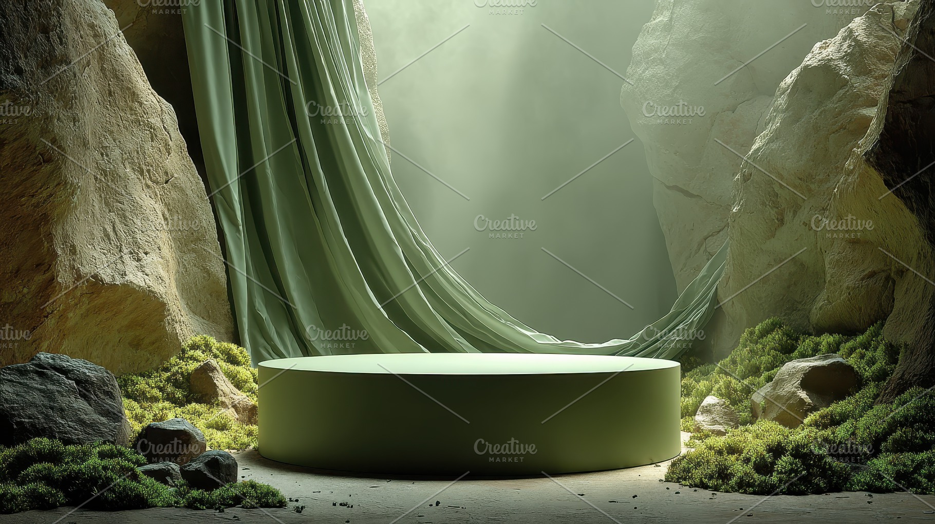 Green cylinder product display in a, an Abstract Photo by Pixeness Studio