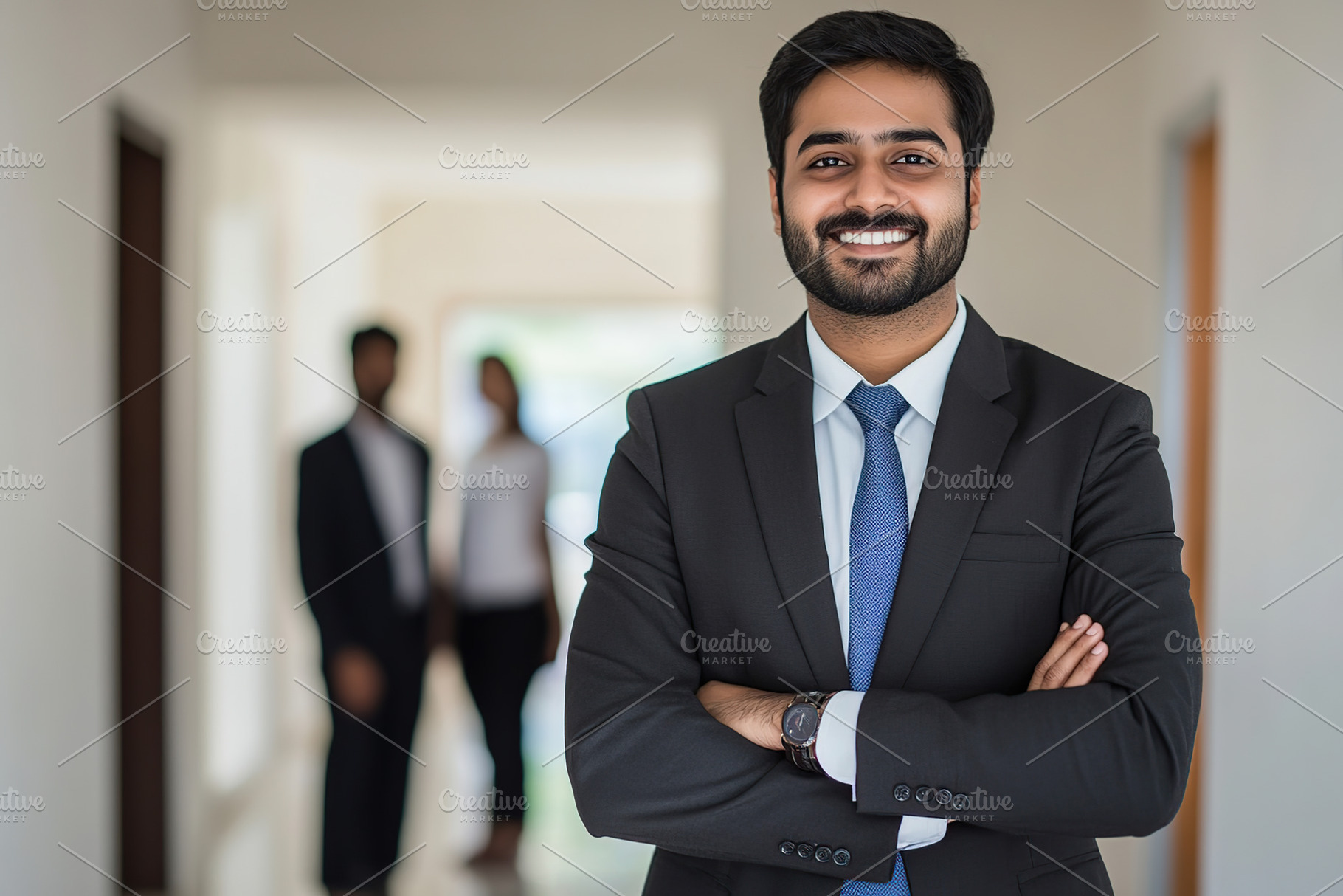 Realtor stands in a bright hallway with a welcoming smile, showcasing professio, a Photo by AlyaAnd