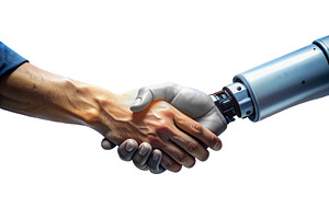 Human and machine shaking hands isolated photo, a Technology Photo by DanFLCreativo
