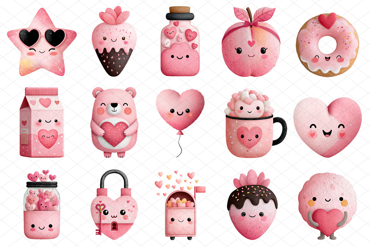 Kawaii Valentines Clipart, an Illustration by cherrydesign (Photo 3 of 4)