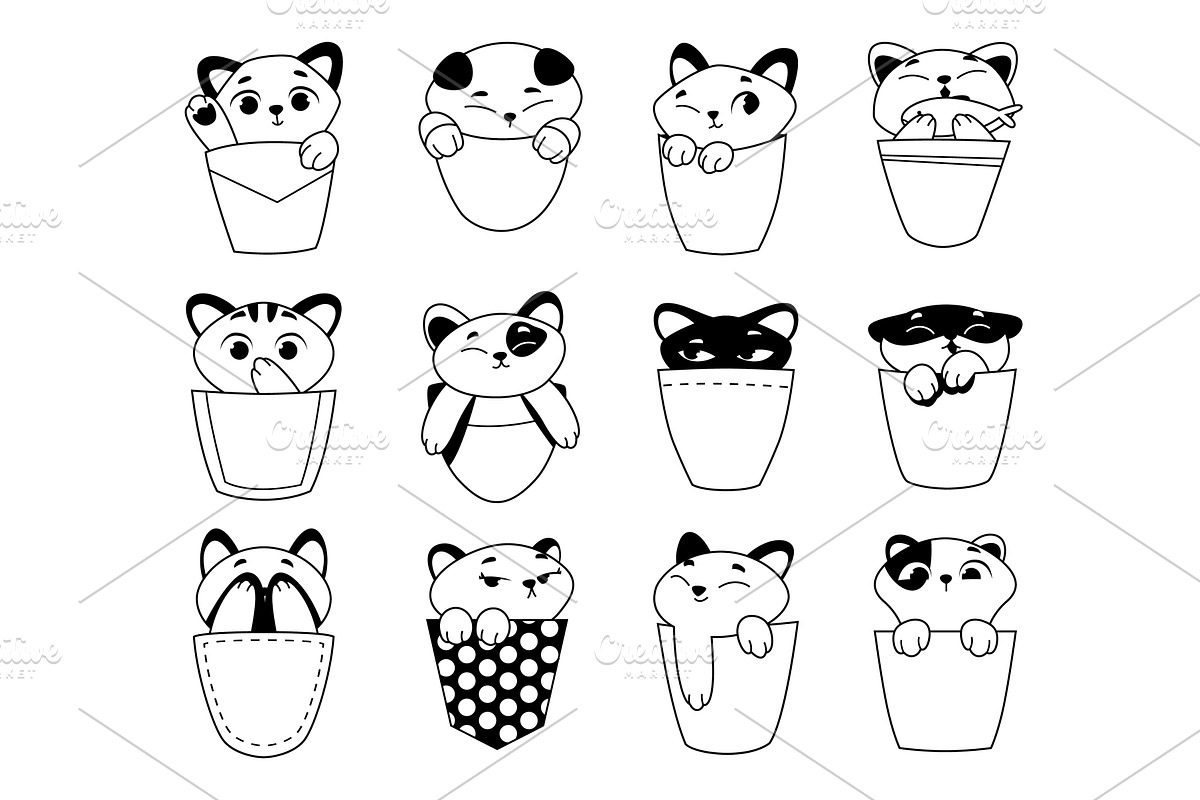 Kittens in pockets. outline, an Animal Illustration by Onyx