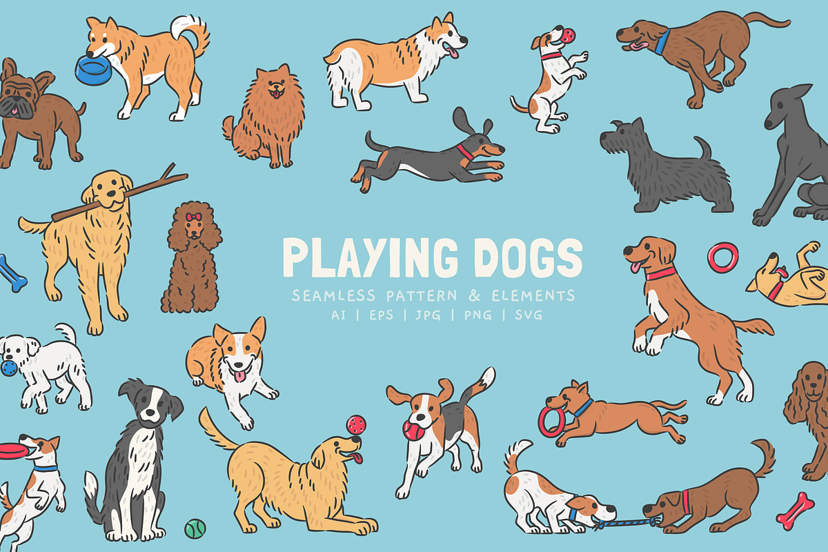 Playing Dogs Patterns & Elements, an Animal Illustration by monkik (Photo 1 of 12)