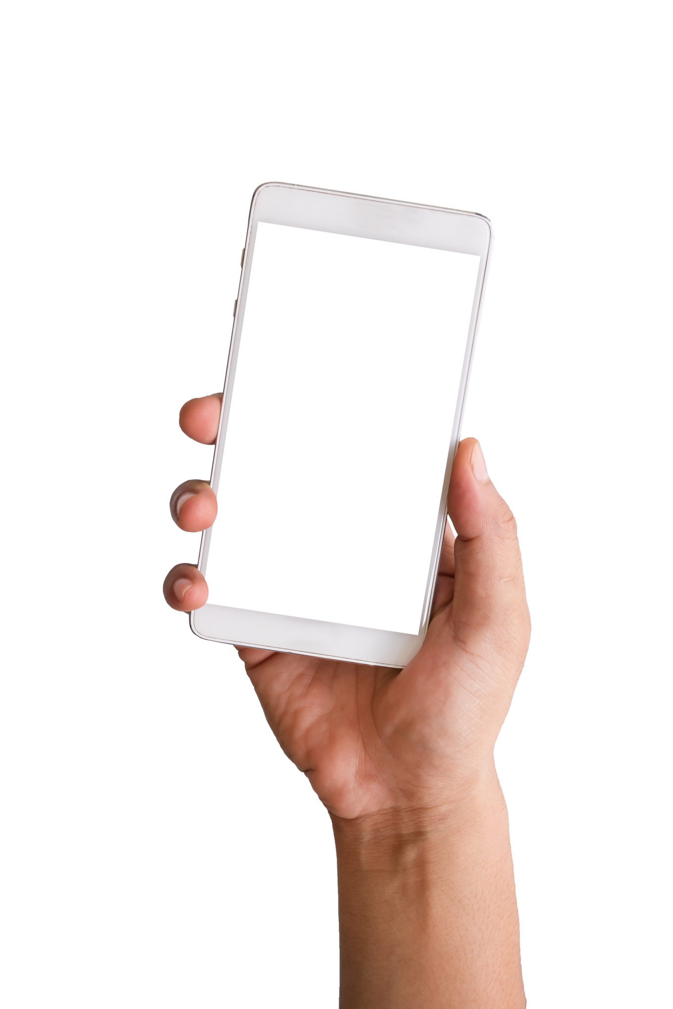 Hand holding phone isolated on white featuring smartphone, hand, and ...