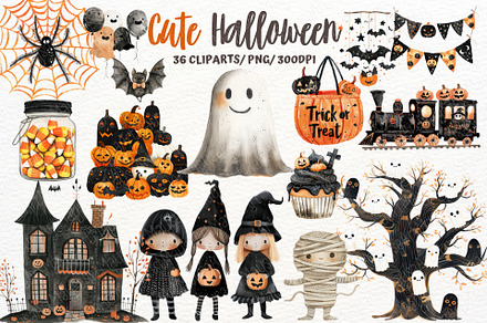 Watercolor Cute Halloween Clipart